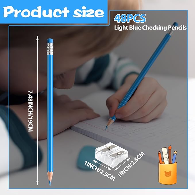 48 PCS Light Blue Pencils Bulk with Eraser, Pre-Sharpened HB Pencils for Writing & Drawing, School Supplies for Kids Homework, Tests, Art Crafts & Teacher Grading(Light Blue)