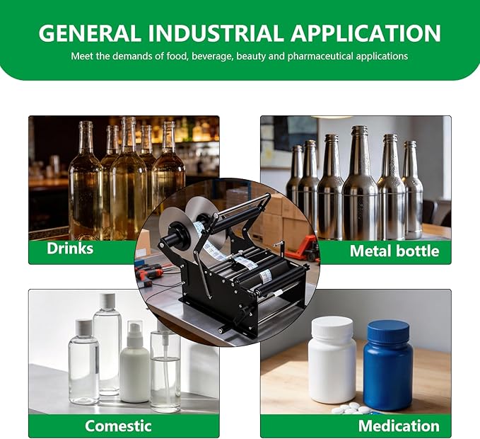 Manual Bottle Labeling Machine with Handle - Self-Adhesive Sticker Label Applicator 15-30 Bottles/Min, Adjustable for PET Plastic Glass Metal Bottles, for Wine, Beverage, Cosmetic Packaging