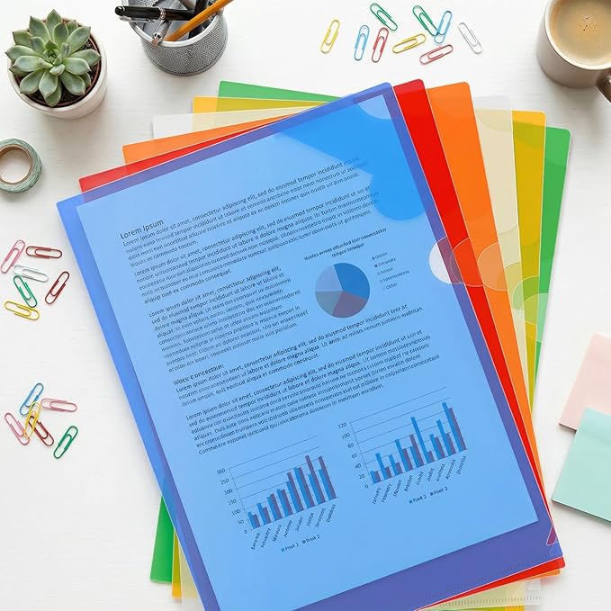ViVin 6 Pack Transparent Sheet Protectors with Corner Guards, L-Type Folder Plastic Sleeves for Paper 8.5x11, Reusable A4 Project Pockets for School, Office, Home(6 Colors