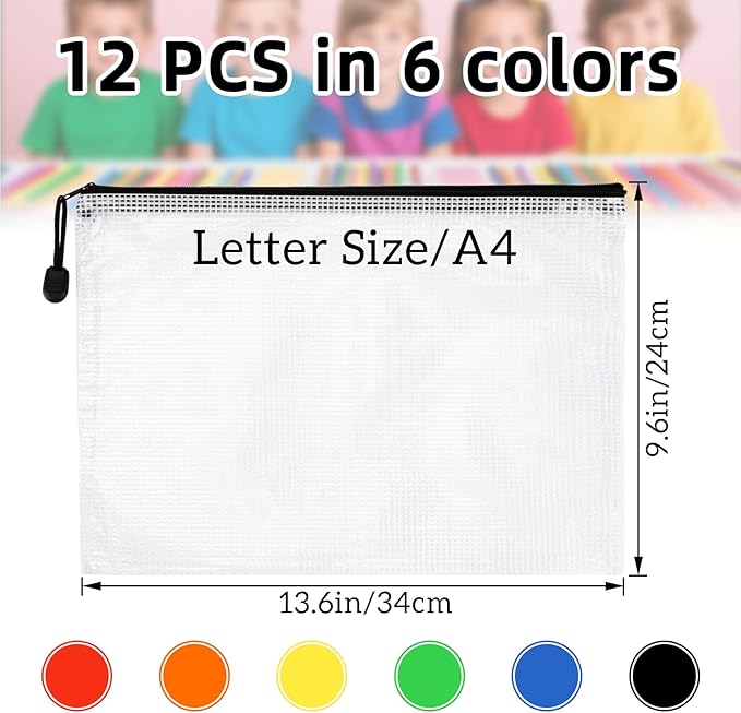 RAINFLOW a4 Mesh Zipper Pouch Bags - 12 PCS Reusable Mesh Bags with Zipper Waterproof Storage Bag Organizer for Document Toy Storage Classroom Organization and Storages Office Supplies in Multicolor