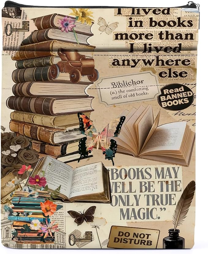 Vintage Book Sleeve, Book Lovers Gifts Sleeve with Zipper & Front Pocket, 11.4x8.8 Inch Canvas Books Cover Protector Bookish Bible Gifts for Readers Librarian Women Teacher