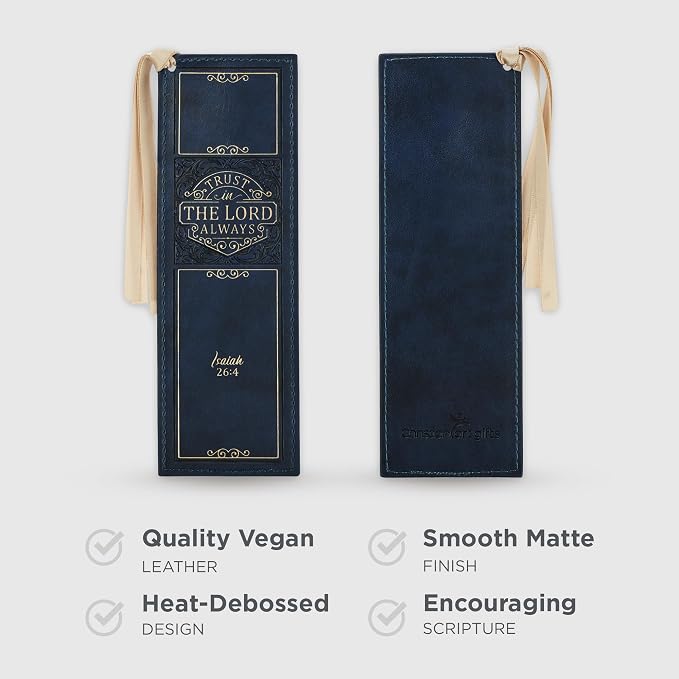 Christian Art Gifts Vegan Faux Leather Scripture Bookmark for Men & Women: Trust In The Lord - Isaiah 26:4 Inspirational Bible Verse Heat-Debossed, Faith-Based Reading Accessory with Tassel, Navy Blue