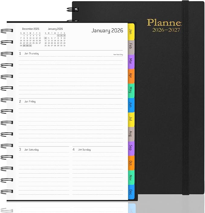 2026 Weekly and Monthly Planner Calendar - from January 2026 - June 2027, 5.7" x 8.3" Daily Agenda Planner with 18 Monthly Laminated Tabs, Flexible Cover, Note Pages, Bookmark, Wirebound, Black