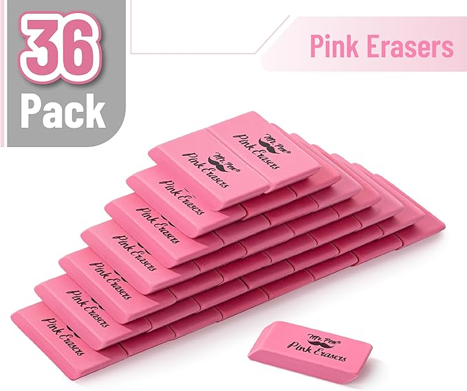 Mr. Pen- Pink Pencil Eraser Bulk, 36 Pack, Large Latex Free Block Erasers for School, Office, Art Sketching, Homework, Exams, Clean Smudge-Free Correction