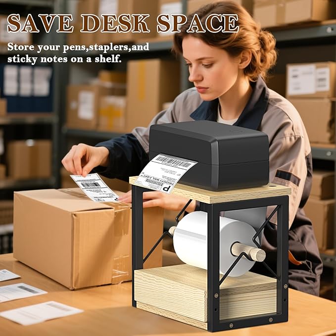 Label Roll Holder & FanFold Labels with Drawer, Wooden Label Holder for Thermal Printer Stand, Thermal Label Holder for Desktop Label Printer, Sticker Roll Holder for Home, Office, Work