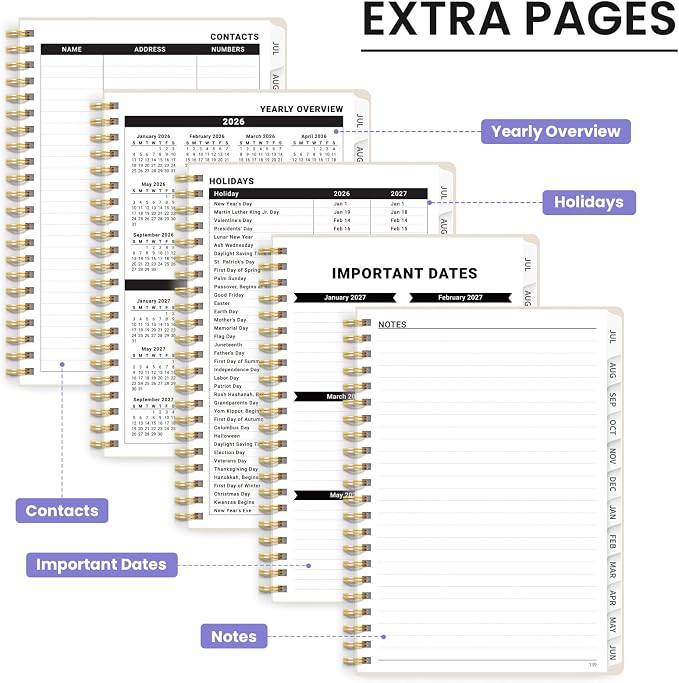 Planner 2026-2027, Monthly and Weekly Calendar Academic Planner July 2026 - June 2027, Hardcover Student Teacher Planning Agenda Book with Tabs, Perfect for Office School Supplies, A5 (6.3" x 8.5") - Lavender Bunch