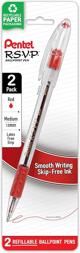 RSVP Ballpoint Pen, (1.0mm) Medium Line, Red Ink (Pack of 1, 2 Count Total)