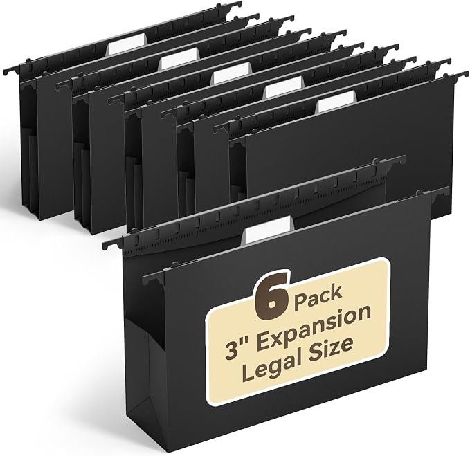 Ansook Legal Size Hanging File Folders Extra Capacity, Heavy Duty 3" Expandable Legal File Folder Hanging,6 Pack Plastic File Cabinet Folders for File Frmae/Box, Office School Hanging File Organizer