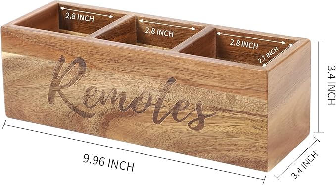 Remote Control Holder, Acacia Wooden Pencil Holder TV Remote Holder with 3 Compartments, Remote Caddy for Table, Small Desktop Organizer for Home Office
