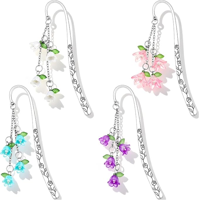 4PCS Bookmarks for Women Reading Metal Book Mark for Readers Book Lovers Aesthetic Cute Bookmarks Silver Personalized Floral Bookmark with Pendants Pretty Book Accessories Reading Gifts
