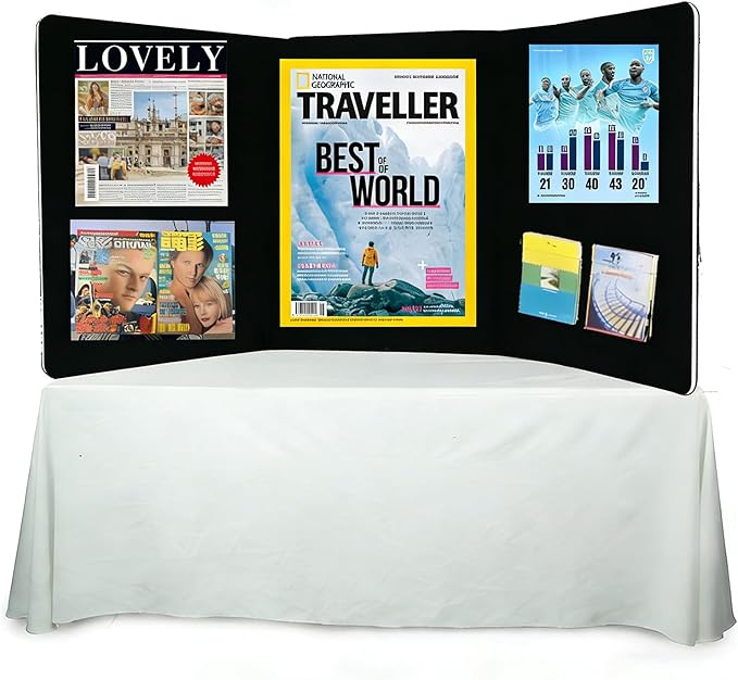 3-Panel Tabletop Display Presentation Board, 72 x 20 Foldable Trifold Poster Board with Bag,Double Sided Table top Exhibition Board, No Plastic Edging,Black Hook & Loop-Receptive Fabric