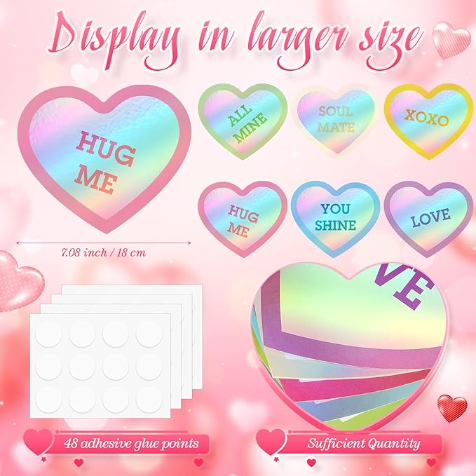 TaoBary 24 Pcs 7.08 Inch Large Heart Cutouts Shiny Iridescent Valentine's Day Conversation Heart Paper Cutouts Craft Pastel Valentines Bulletin Board Decorations for Classroom Poster Wall Party Decor