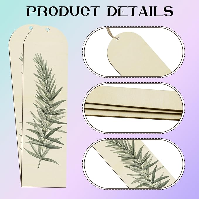 100 PCS Unfinished Wood Bookmark, Arch Wooden Bookmark DIY Bookmarks Tag Label Blank Bookmarks Ornament with 10M Rope for Decor DIY Crafts, Painting, Decorations