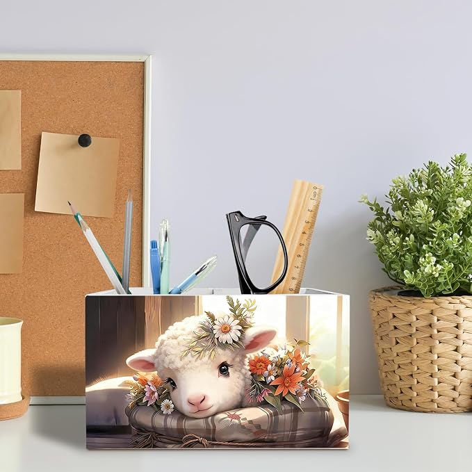 Floral Lamb Pen Holder for Desk, Sheep Gifts for Women Pencil Organizer, Rustic Farmhouse Flower Lamb Wooden Box Sign Desk Decor for Home Office Decoration