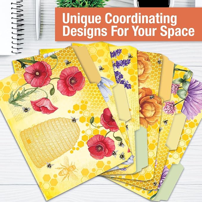 Current Bee Friends File Folders Value Pack - Bulk Set of 24, 6 Pretty Decorative Designs, 1/3 Cut Tabs, Heavy-Duty Paper Stock, Office Supplies for Home & Work, 9-½” x 11-¾” Letter Size