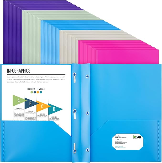 Cholemy 72 Packs Pocket Folders with Prongs Heavy Duty Plastic Folder with Business Card Slot 3 Prong Fasteners for School Office (Soft)