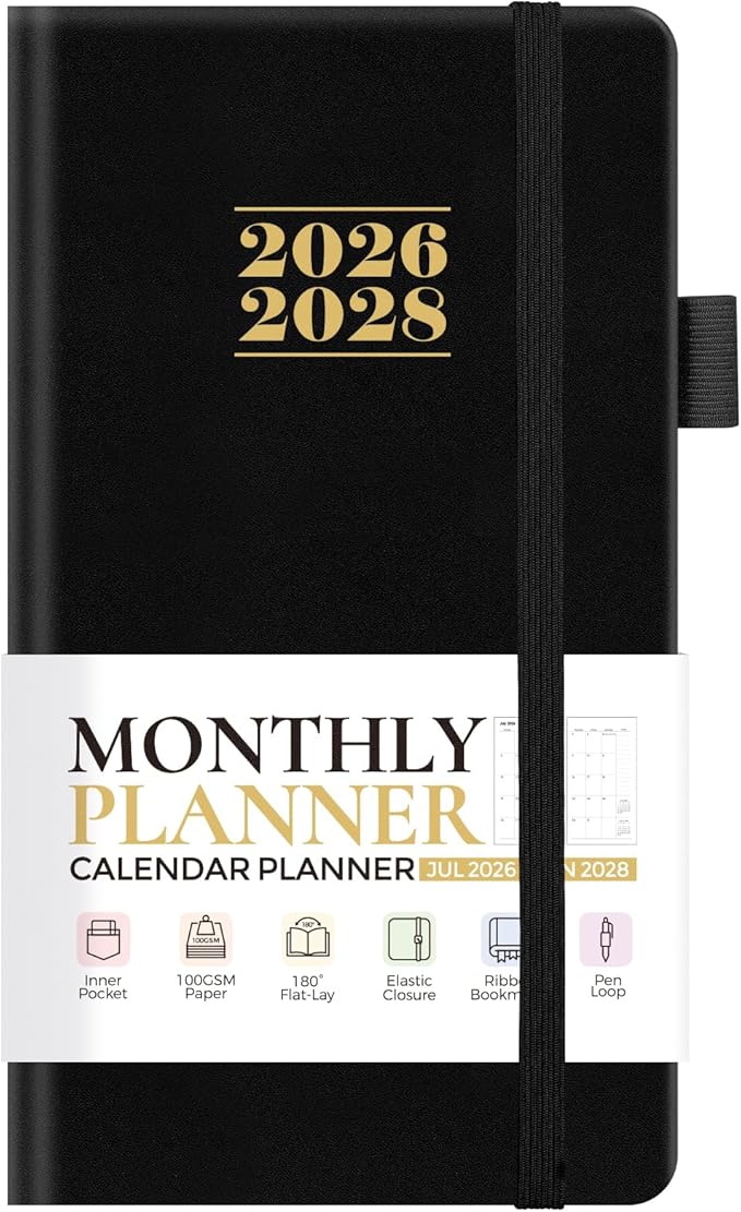 KONVINIT Pocket Calendar 2026-2028, 24-Month Pocket Calendar 2027 Planner Runs from July.2026 Until June.2028, Black PU Monthly Planner with Inner Pocket, Pen Loop, Elastic Closure for School & Office Supplies, 3.54”×6.69”