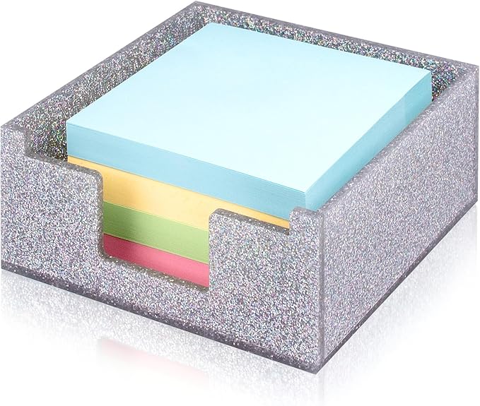 Silver Sparkling Sticky Note Holder, Glitter Acrylic Organizer, 3.94 x 3.94 in Multi-Use Tray for Office, School & Home Desk