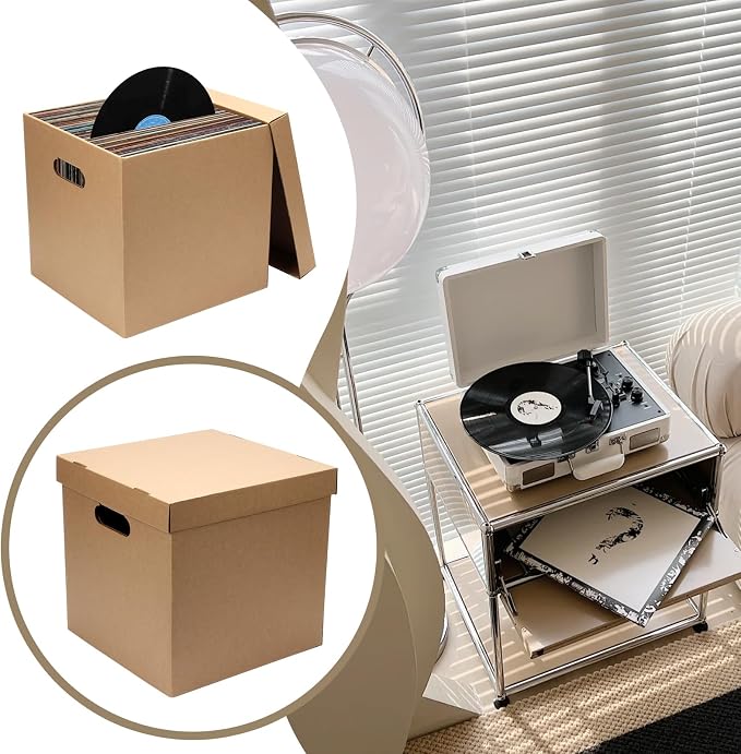 5 Pcs 12'' Cardboard Vinyl Record Storage Box, Moving Box with Double Thickness Handles and Lids Record Album Storage Crate, Cardboard Crate for Album Vinyl Storage