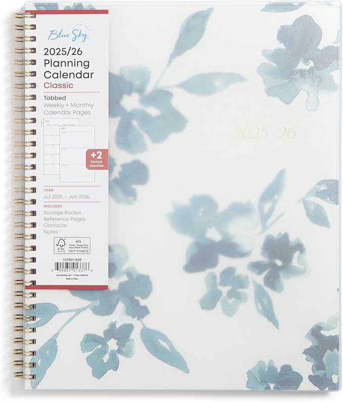 Blue Sky 2025-2026 Weekly and Monthly Academic Year Planner Calendar, July 2025 - June 2026, 8.5" x 11", Flexible Cover, Wirebound, Storage Pocket, Bakah Blue