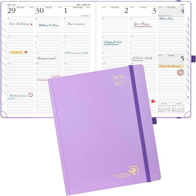 POPRUN 2026-2027 Academic Planner, Large Size 8.5" x 10.5", Weekly and Monthly Calendar, July 2026 to June 2027, Hardcover Appointment Book with Verital Layout, Hourly Time Slots, Monthly Tabs - Violet