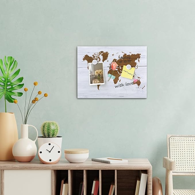 Dry Erase Board，Decorative Print Magnetic Surface White Board for Wall with Design, 16 x 12 inches Frameless Dry Erase Board for Wall, World Map, Magnets Included（W-MAP,4030,1p）