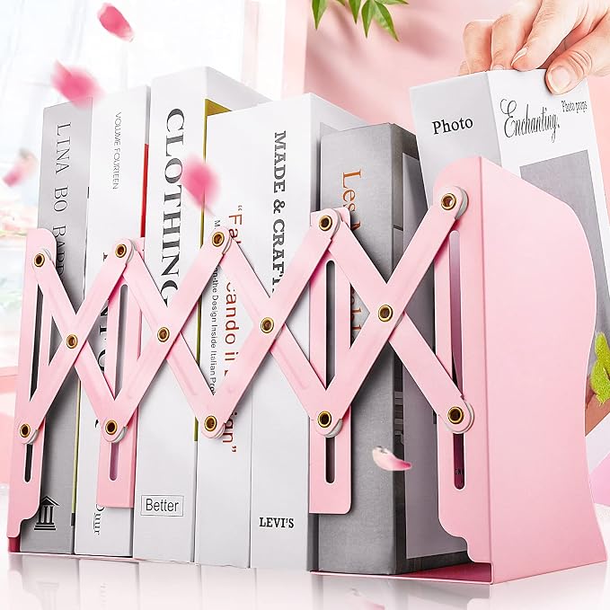 Non Skid Book Ends to Hold Books, Carooyac Heavy Duty Bookends Adjustable Book End, Metal Bookends for Shelves, Pink Book Holders Organizer for Bookshelf Desk - Extends up to 19"