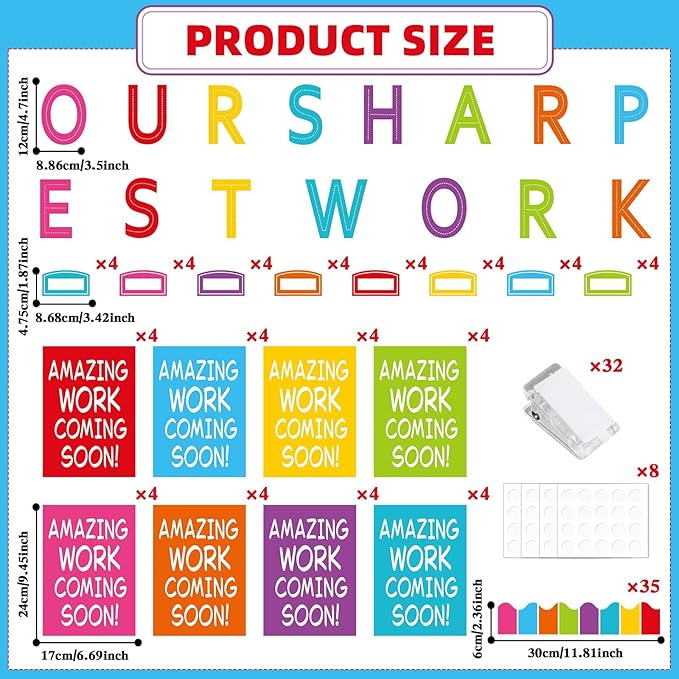Wiooffen 154 Pcs Student Work Display Bulletin Board Set Cutouts with Clips Name Display Inspirational Student Work Classroom Wall Decor for Teacher Back to School Supplies Colorful