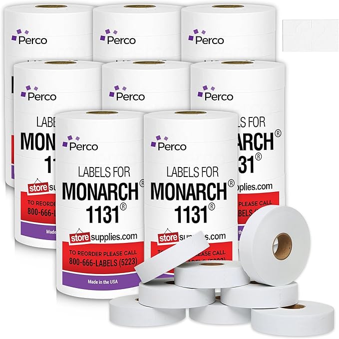Perco White Pricing Labels for Monarch 1131 Price Gun – 8 Sleeves, 64 Rolls Value Pack - 160,000 Price Marking Labels – with Ink Rolls Included