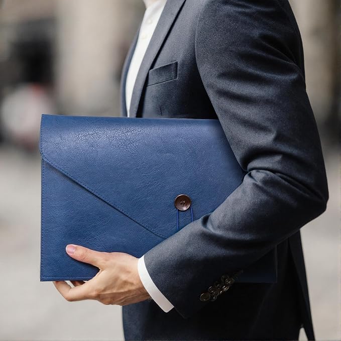 Men PU Leather File Folder for Documents, Coworker Office Gifts Organizer File Document Folder with String Tie, Laptop Sleeve Notebook Case, A4 Envelopes Leather Filing Organizer for Men Women - Blue