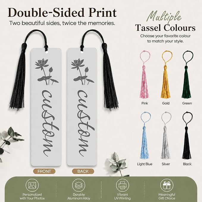 Personalized Photo Bookmark with Text, Custom Metal Page Marker with Tassel, Double Sided Aluminum Alloy Gift for Women Men Teachers Students and Book Lovers (Text B)