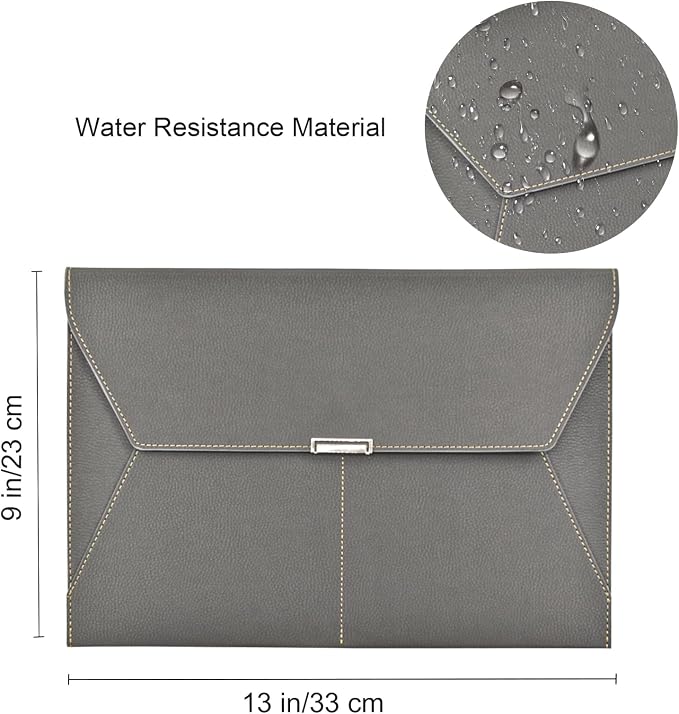 VANRA File Folder Document Holder Organizer Waterproof Portfolio Leather Folder Case with 3 Pockets, Filing Envelopes for A4 Letter Size Paper with Snap Magnetic Button Closure (Gray)
