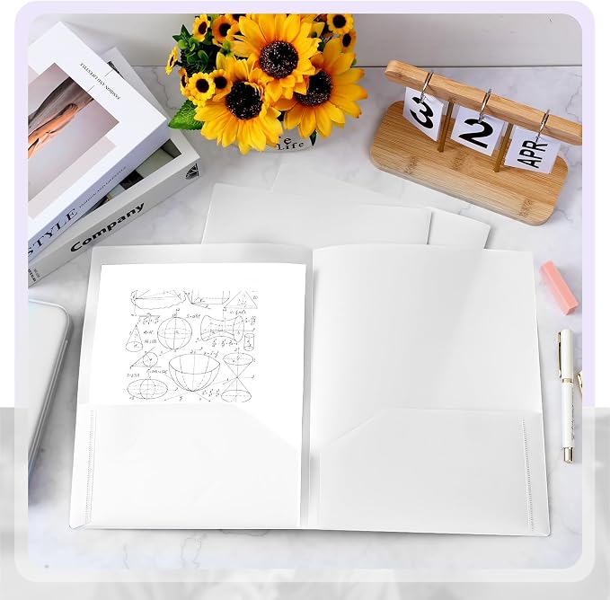 Gueevin 72 Pack Plastic Folder with Pockets, 2 Pocket Folders, Plastic Glossy Folders Fit Letter Size Paper, Heavy Duty Durable File Folder with Business Card for Home Office School (White)