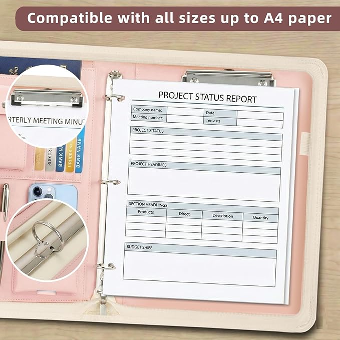Zippered Padfolio with 3-Ring Binder & Clipboard, PU Leather Portfolio Organizer for Men Women, A4 Document Holder with Phone Pocket Pen Loops Card Slots, Professional Business Folder Rose Gold