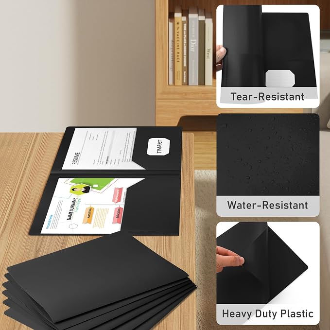 Timart Folders with Pockets-6 Pack, 2 Pocket Folders Fit Letter Size Paper, File Folders for Documents, Plastic File Folder for School Office Home Bussiness(Black)
