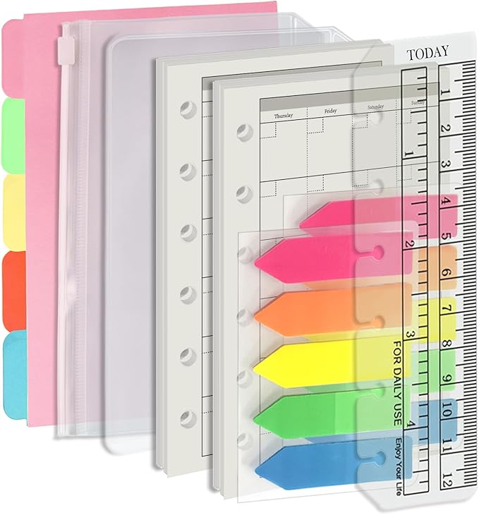 Harphia A7 6-Hole Binder Refill Value Set: 90-Sheet Monthly Plan Loose Leaf Paper with Stickers and Dividers, Planner Insert with Binder Pockets