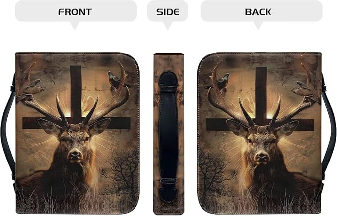 Leather Large Bible Cover with Bookmark，Carrying Book Case Church Bag Medium Bible Protective Brown Bible Case,Christian Gifts,Cross and Deer,Small