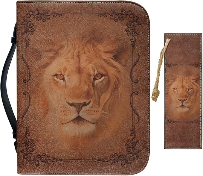 Retro Religious Style Lion Bible Case with Bookmark Waterproof Bible Cover Case for Women Lightweight Bible Bag with Handle Pockets Church Book Bag Brown