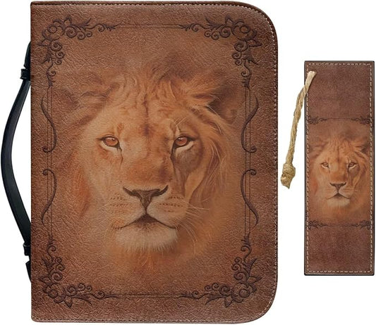 Retro Religious Style Lion Bible Case with Bookmark Waterproof Bible Cover Case for Women Lightweight Bible Bag with Handle Pockets Church Book Bag Brown