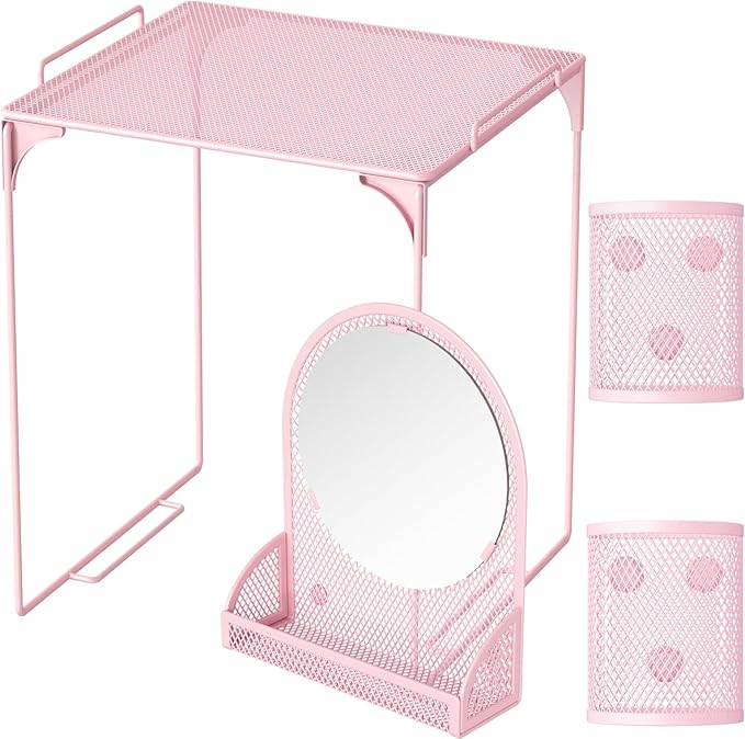 Svartur Locker Shelf with Locker Mirror Magnetic & 2 Magnetic Pen Cups, Locker Organizer for Work, Mesh Metal Locker Accessories Kit for School Locker, Locker Decor Office Supplies, Pink