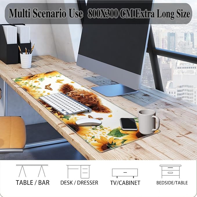 Mouse Pad Gaming Mousepad 31.5x11.8 Inch XXL Large + Coasters,Desk Mat with Stitched Edges, Non-Slip Rubber Base, Thick Mouse Pad for Computer, Laptop, Office & Home - Sunflower Highland Cow