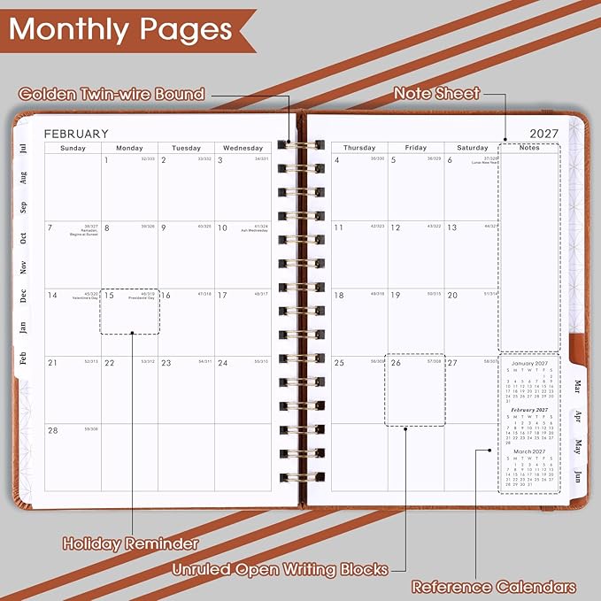 Planner 2026-2027 - Weekly & Monthly 2026-2027 Planner with Twin-Wire Binding, JULY 2026 - JUNE 2027, 6.3" x 8.4", Hardcover with Monthly Tabs, Back Pocket, Thick Paper - Brown