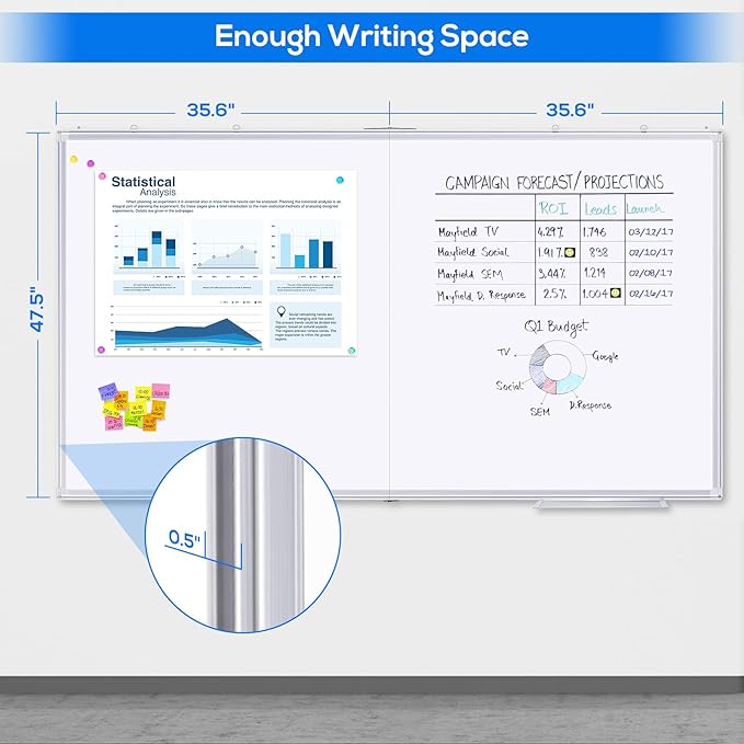 Magnetic White Board Dry Erase Board for Wall，72" x 48" (6ft x 4ft) Wall-Mounted Aluminum Frame Marker Board, Foldable Portable Whiteboard with a Long Pen Tray for School, Classroom, Office & Home