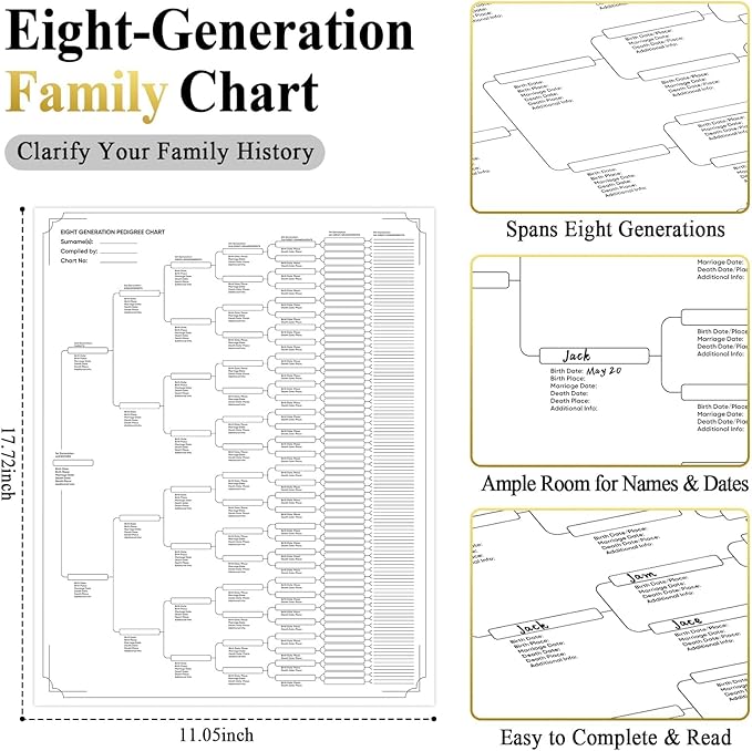 Family History Binder 3 Ring 50 Families Group Sheets 8th Generation Family Tree Chart 16 Sheets Genealogy Binder Black Cover Genealogy Organizer Supplies with Pen Loop PVC Pocket for Families History