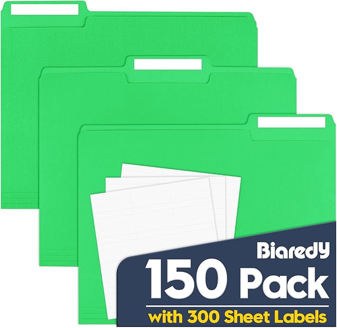 File Folders,150 Pack Letter Size Colored File Folders,8.5" x 11",1/3 Cut Tab,Durable Paper Bulk Folders with Blank Labels,File Folders for Office Business School Home Use,Grass Green
