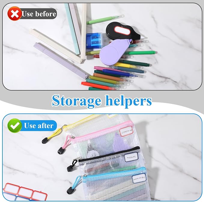 36 Pcs Mesh Zipper Pouch, 4.7x6.5 inch Waterproof Zip Mesh Bags with 2 Sheets Colored Stickers 9 Colors Plastic Water-Resistant File Bags Zipper Bag for Office Supplies Travel Storage