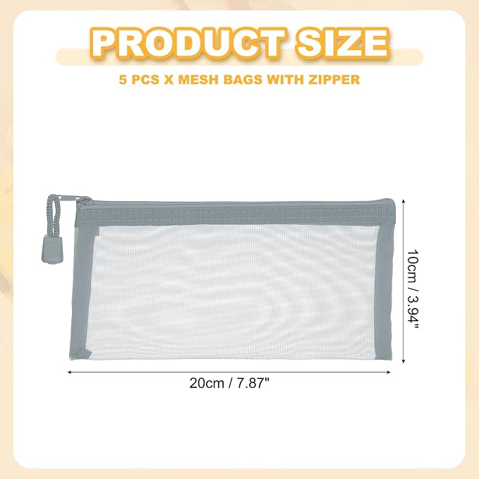 PATIKIL A6 Mesh Zipper Pouch Bags, 5 PCS Mesh Bags with Zipper Plastic Storage Pocket for Organizing File Beads Office Home Supplies, 10x20cm, Gray