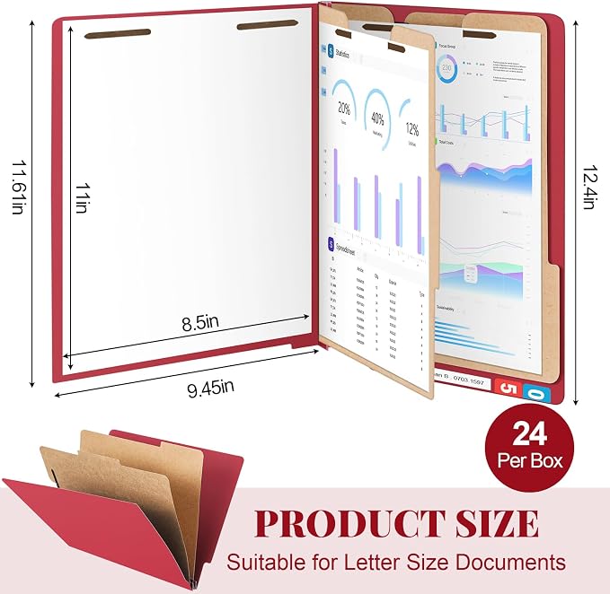 24 Pcs Classification Folders Letter Size, 2 Dividers Pressboard File Folder Bulk with Fasteners, Expanding File Organizer for Teachers, Clergy, Office, Church Christmas Donations(Dark Red)
