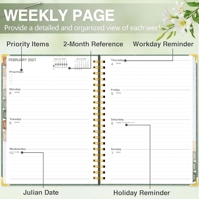 GuassLee 2026-2027 Academic Planner, Weekly and Monthly Planner from July 2026-June 2027, 8.4"x 6.1" Aesthetic Greenery Agenda Book with Back Pocket, Stickers, Coated Tabs, A5 Size