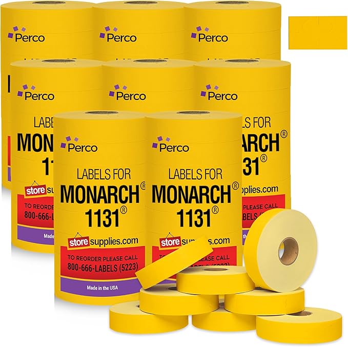 Yellow Pricing Labels for Monarch 1131 Price Gun – 8 Sleeves, 64 Rolls Value Pack - 160,000 Price Marking Labels – with Ink Rolls Included